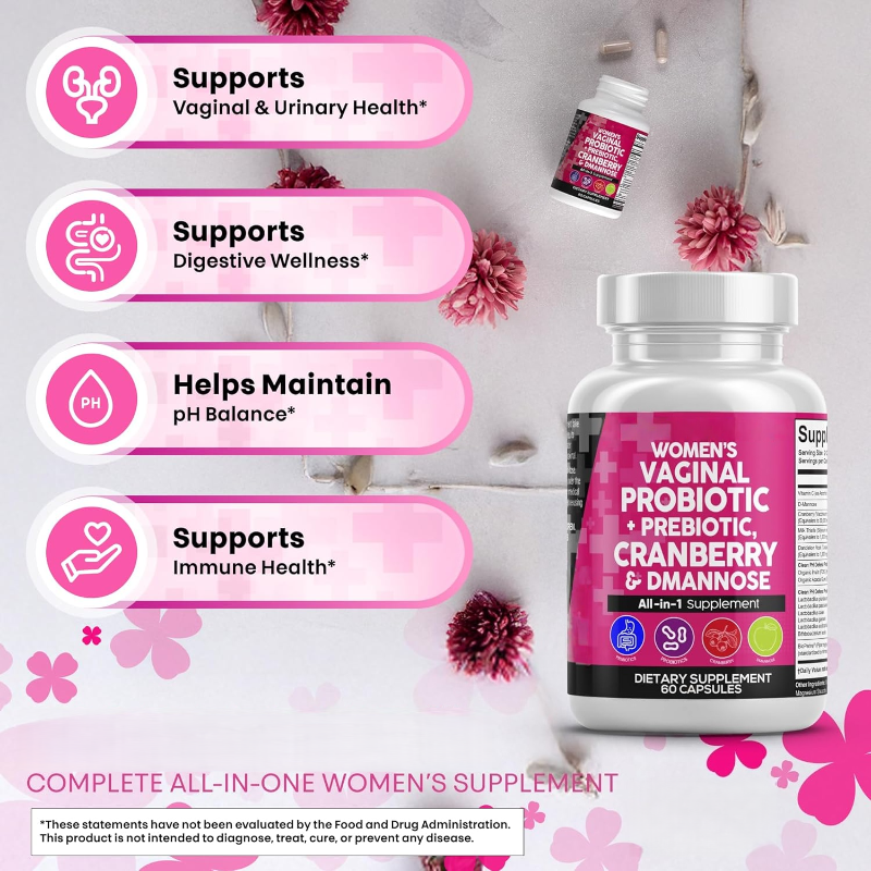 Vidonge vya Probiotic na Prebiotic vya Wanawake vya Mimea – Mchanganyiko wa Cranberry na D-Mannose